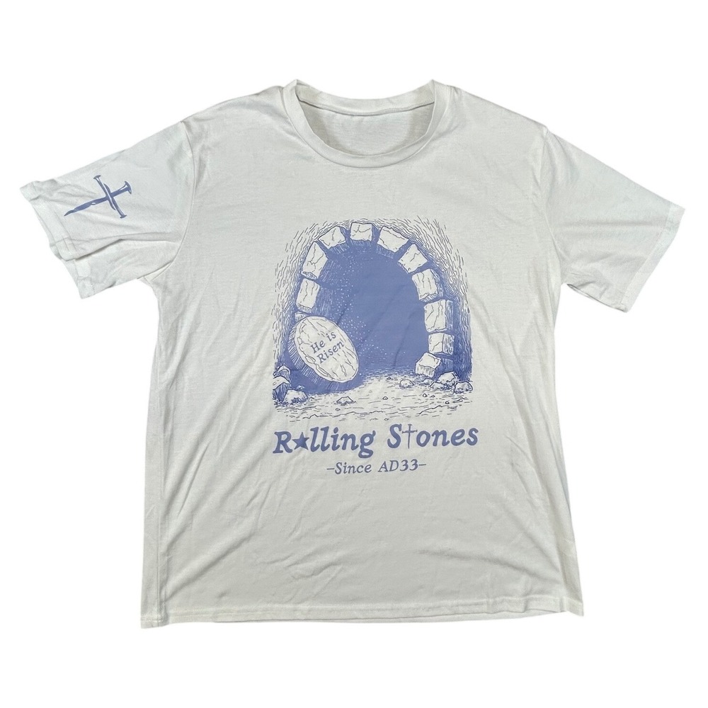 Rolling Stones He Is Risen Christian Graphic T-Shirt White Blue XL AD33 Tomb Men